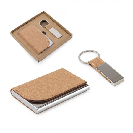 Conjunto Porta-cartões e Chaveiro em metal e cortiça Personalizada - 95099