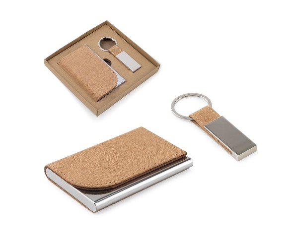 Conjunto Porta-cartões e Chaveiro em metal e cortiça Personalizada - 95099