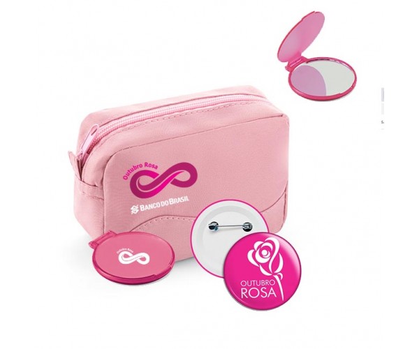 Kit bolsa, espelho e boton Personalizado Outubro Rosa-  92721-8989 