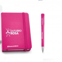 Kit Caderno tipo moleskine 9 x 14 CM e Caneta Plastica para Outubro Rosa personalizado - 93425-99878